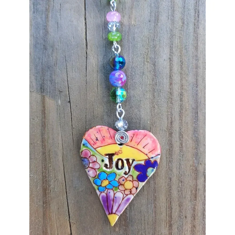 Artisan Ceramic Heart Beaded Suncatcher JOY Vibrant Crystals Diffuser Floral NEW
